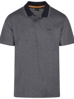 Polo en coton marine uni avec le nom de la marque imprimé et une coupe droite