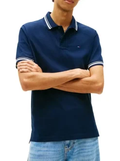 Polo en coton marine uni avec une coupe droite et un col à revers