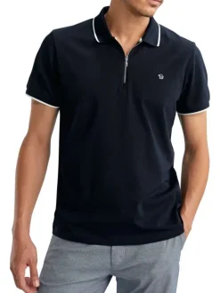 Polo en coton marine uni pourvu de manches courtes et d'un col zippé