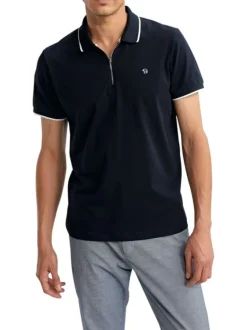 Polo en coton marine uni pourvu de manches courtes et d'un col zippé