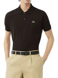 Polo en coton marron uni à coupe ajustée avec un col à revers boutonné