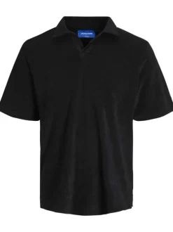 Polo en coton mélangé noir uni coupe droite avec un col v fendu
