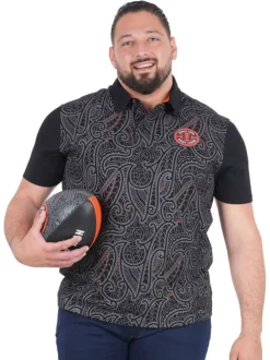 Polo en coton noir à motifs pourvu d'un col boutonné et d'une coupe droite
