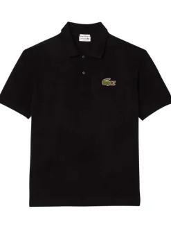 Polo en coton noir uni avec une coupe droite et col fermé par boutons