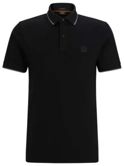 Polo en coton noir uni coupe droite col boutonné et liseré aux extrémités
