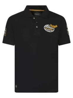 Polo en coton noir uni maille piquée à coupe regular fit avec des patchs