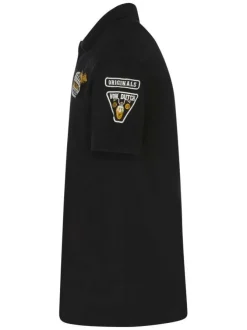 Polo en coton noir uni maille piquée à coupe regular fit avec des patchs