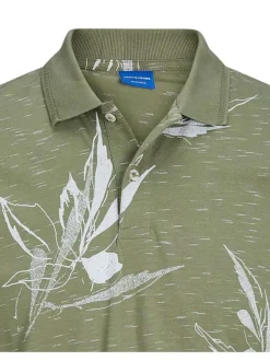 Polo en coton olive fleuri coupe droite avec col boutonné et imprimé floral
