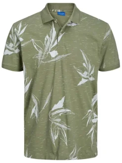Polo en coton olive fleuri coupe droite avec col boutonné et imprimé floral
