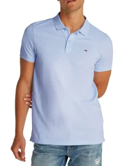 Polo en coton régénératif bleu uni à coupe droite, logo et col boutonné
