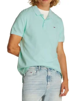 Polo en coton régénératif turquoise uni droit à col boutonné ton sur ton