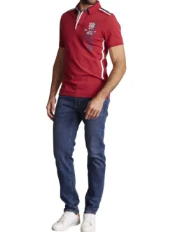 Polo en coton rouge avec des écritures imprimées et à coupe slim fit