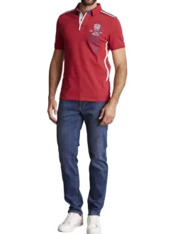 Polo en coton rouge avec des écritures imprimées et à coupe slim fit