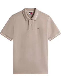 Polo en coton taupe uni avec une coupe droite et un col à revers