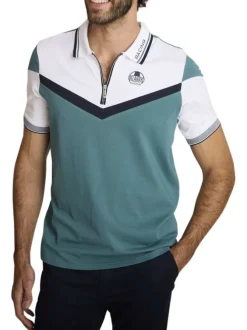 Polo en coton vert à coupe droite pourvu d'un col à fermeture zippée