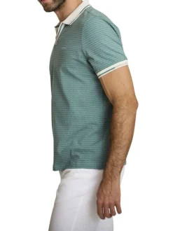 Polo en coton vert d'eau uni avec une coupe ajustée et un col v à revers