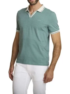 Polo en coton vert d'eau uni avec une coupe ajustée et un col v à revers
