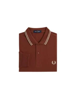 Polo en maille piquée camel à col à revers boutonné et à manches longues