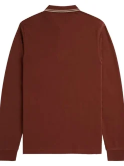 Polo en maille piquée camel à col à revers boutonné et à manches longues
