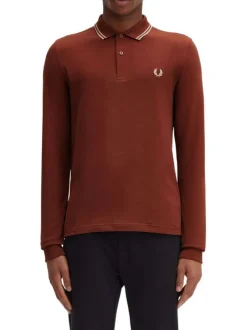 Polo en maille piquée camel à col à revers boutonné et à manches longues
