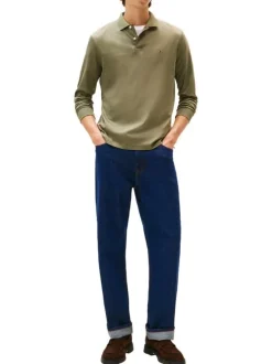Polo kaki en coton avec un col boutonné et des manches longues