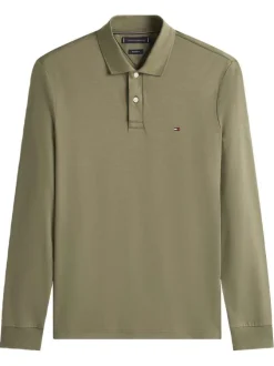 Polo kaki en coton avec un col boutonné et des manches longues