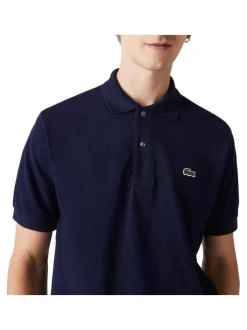 Polo L1212 en coton marine uni avec une coupe droite et un col boutonné