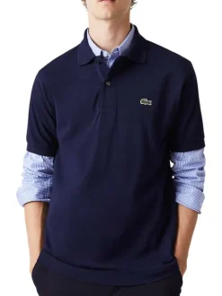 Polo L1212 en coton marine uni avec une coupe droite et un col boutonné
