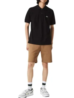 Polo L1212 en coton noir uni coupe droite avec un col boutonné de 2 boutons