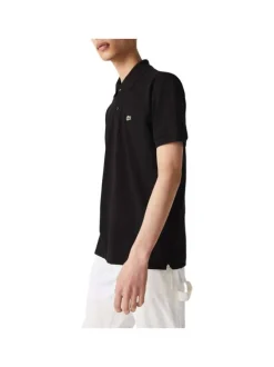 Polo L1212 en coton noir uni coupe droite avec un col boutonné de 2 boutons