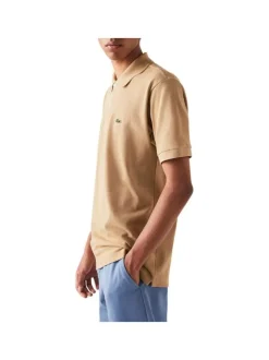 Polo L1212 en piqué de coton beige avec logo brodé coupe droite et col boutonné