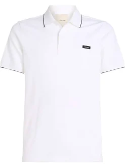 Polo à manches courtes en coton blanc uni à coupe ajustée avec des liserés noirs