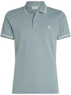 Polo à manches courtes en coton bleu uni à coupe ajustée avec des liserés blancs