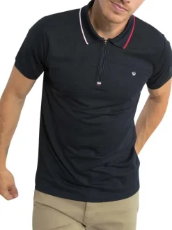Polo marine en maille piquée avec une coupe droite et un col à revers