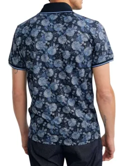 Polo marine floral pourvu de manches courtes et d'un col boutonné