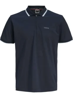 Polo marine uni avec une coupe droite, un col zippé et des manches courtes