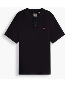 Polo noir en coton uni avec logo brodé sur la poitrine et à coupe droite et col boutonné