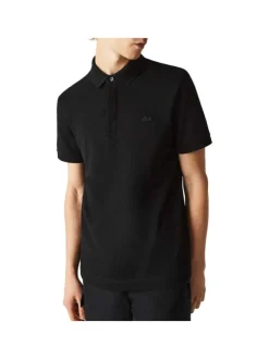 Polo Paris en coton noir uni coupe droite col boutonné et manches resserrées