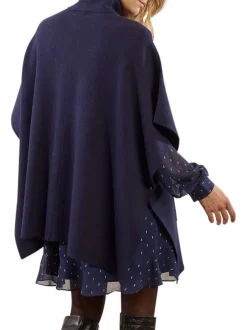 Poncho marine en maille fine avec des boutons dorés et 2 poches plaquées