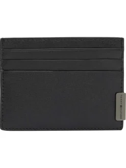 Porte-cartes en cuir noir aspect grainé pourvu d'une plaque embossée