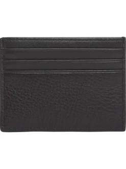 Porte-cartes en cuir noir aspect grainé pourvu du nom de la marque