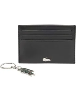 Porte-cartes en cuir noir uni avec un porte-clés de la marque