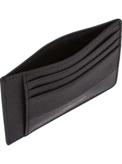 Porte-cartes en cuir noir uni avec un touché grainé et une poche zippée