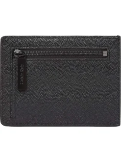 Porte-cartes en cuir noir uni avec un touché grainé et une poche zippée