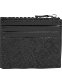 Porte-cartes noir uni en cuir avec une fermeture zippée et nom iconique