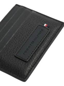 Porte-cartes noir uni en cuir avec logo iconique sur le devant et compartiments