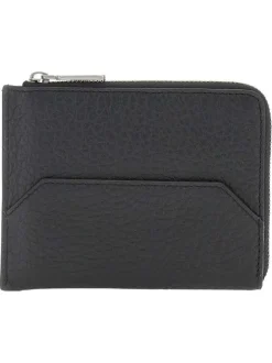 Porte-cartes zippé en cuir grainé noir uni avec le logo à l'avant