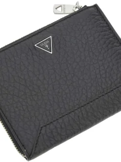Porte-cartes zippé en cuir grainé noir uni avec le logo à l'avant