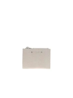 Porte-cartes beige uni avec une fermeture zippée et un bouton-pression