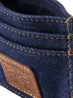 Porte-cartes en coton marine pourvu d'un patch embossé au nom de la marque
